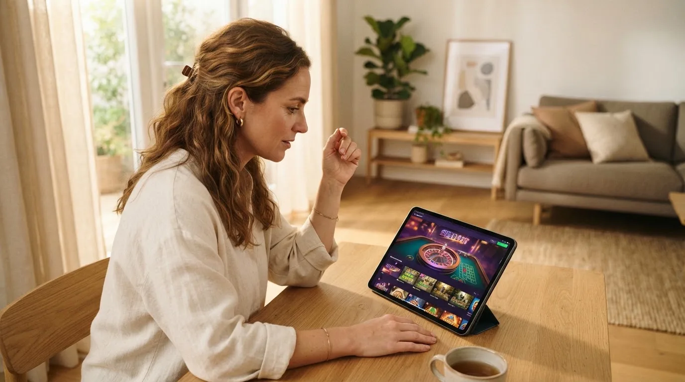 Frau sitzt am Wohnzimmertisch und schaut konzentriert auf ihr Tablet, Nachmittagslicht durchs Fenster.